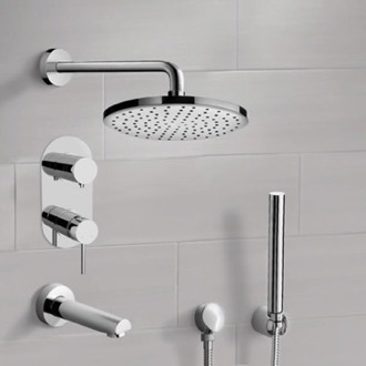 Tub and Shower Faucet Chrome Tub and Shower System With Rain Shower Head and Hand Shower Remer TSH60
